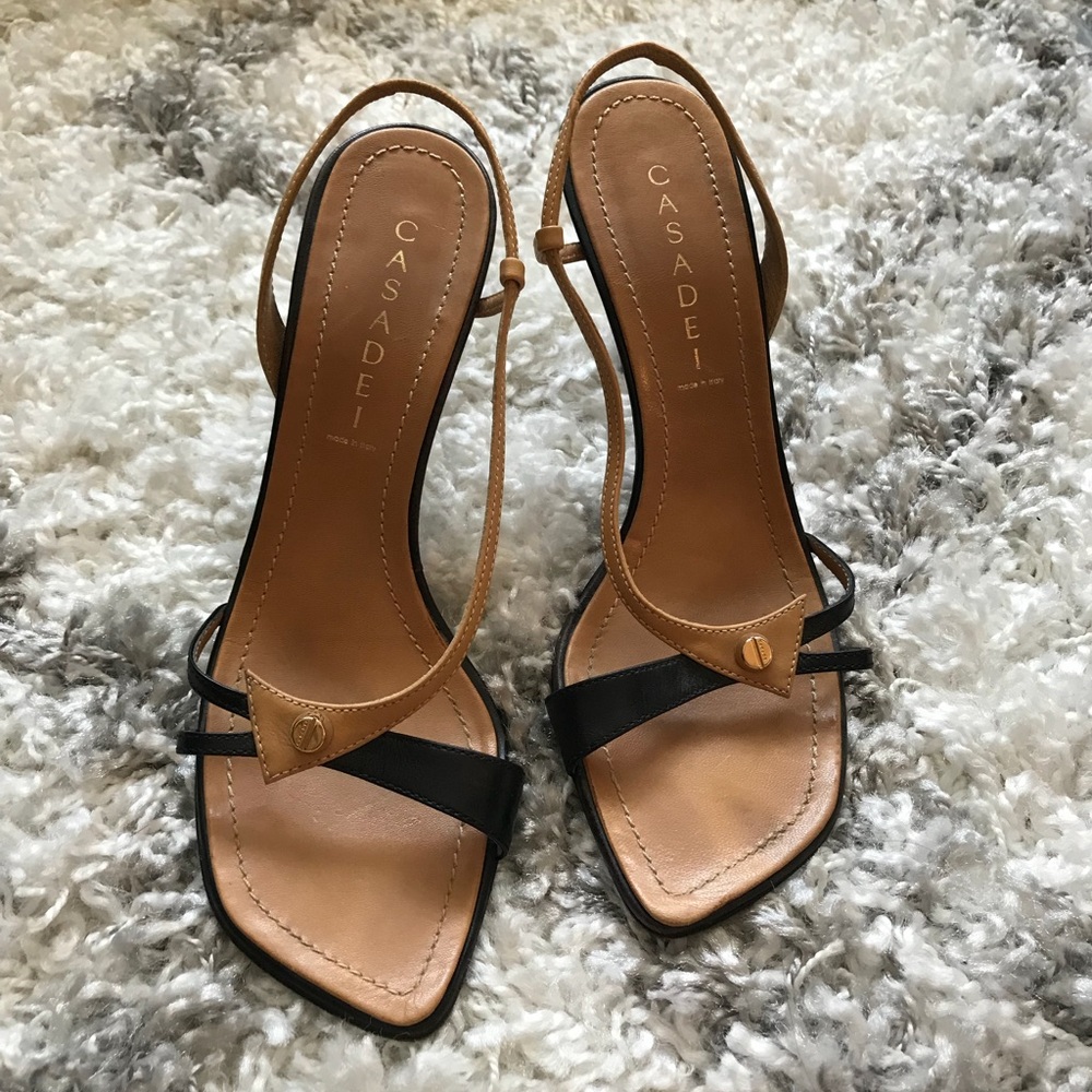Casadei tan and black leather slingback sandals